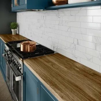 Carrara White Marble Effect Gloss Brick Wall Tile Kitchen Roomset