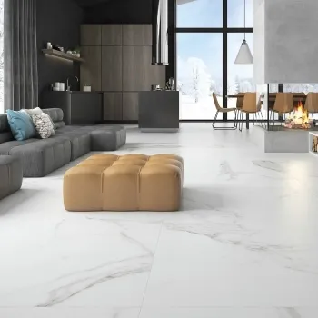 Carrara White Matt Marble Porcelain Floor Tile 1200x1200 Living Room Roomset