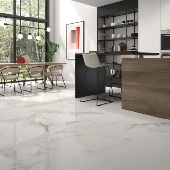 Carrara White Polished Marble Porcelain Floor Tile 1200x1200 Kitchen Roomset