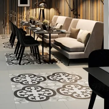 Hanoi Flower Grey Floor Tiles 327x327 Dining Room Roomset