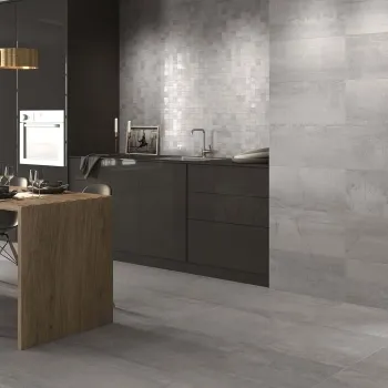Metal Silver Rect Porcelain Floor Tile 600x600 Kitchen Roomset