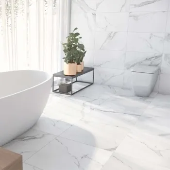 Place White Matt Marble Effect Floor Tiles 600x600 Bathroom Roomset