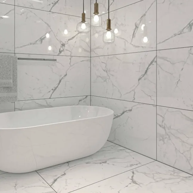 Carrera White Marble Effect Rectified Polished Porcelain Wall and Floor Tile