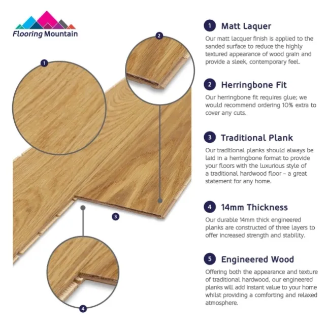 Espina Classic Oak Engineered Flooring 14mm Herringbone Lacquered