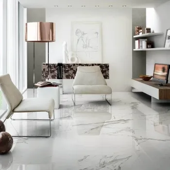 Statuario Lux Italian Polished Porcelain Floor Tile 600x600 Living Room Roomset