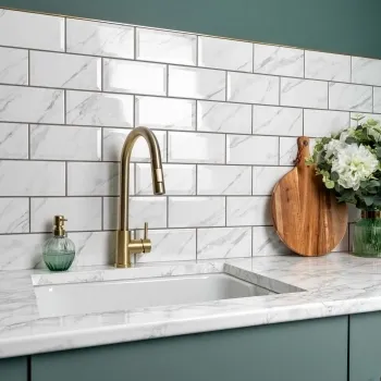 Subway Bevelled White Marble Effect Gloss Ceramic Wall Tiles