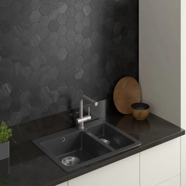 Lithos Dark Grey Hexagon Matt Marble Effect Porcelain Wall and Floor Tile