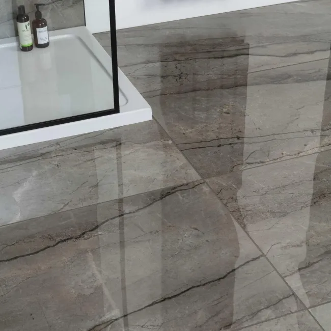 Breccia Adige Grey Polished Marble Effect Porcelain Wall and Floor Tile