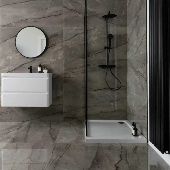 Breccia Adige Grey Polished Marble Effect Porcelain Wall and Floor Tile