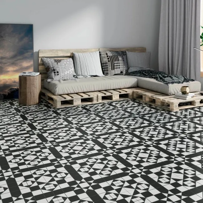 Devon Black & White Victorian Patterned Matt Ceramic Floor Tile