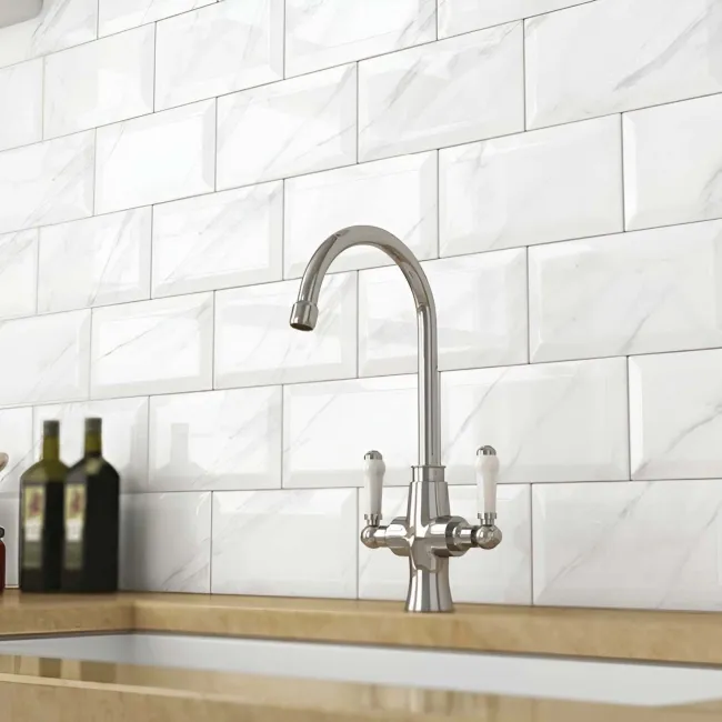 Subway Bevelled White Marble Effect Gloss Ceramic Wall Tiles