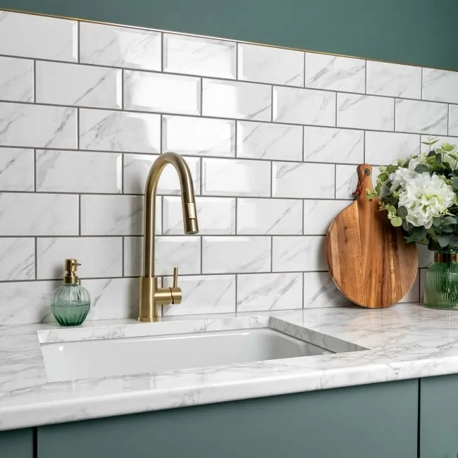 Subway Bevelled White Marble Effect Gloss Ceramic Wall Tiles