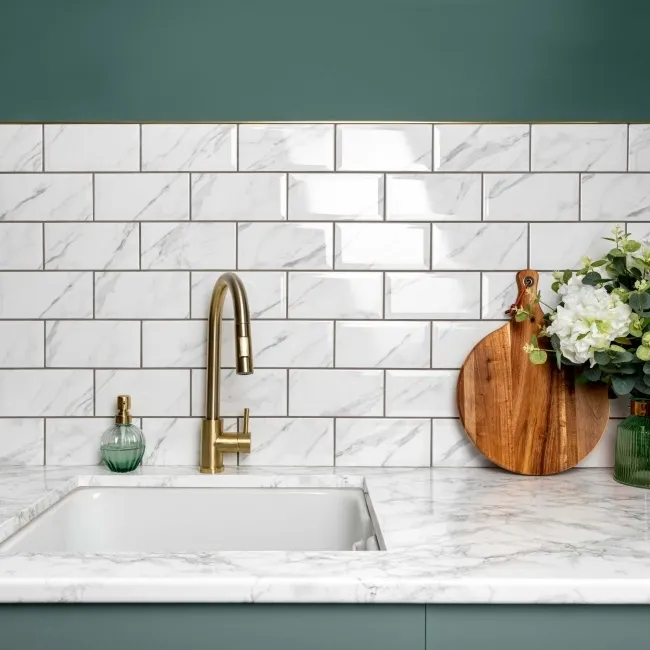 Subway Bevelled White Marble Effect Gloss Ceramic Wall Tiles