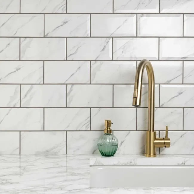 Subway Bevelled White Marble Effect Gloss Ceramic Wall Tiles