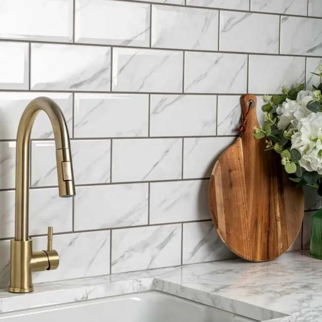 Subway Bevelled White Marble Effect Gloss Ceramic Wall Tiles
