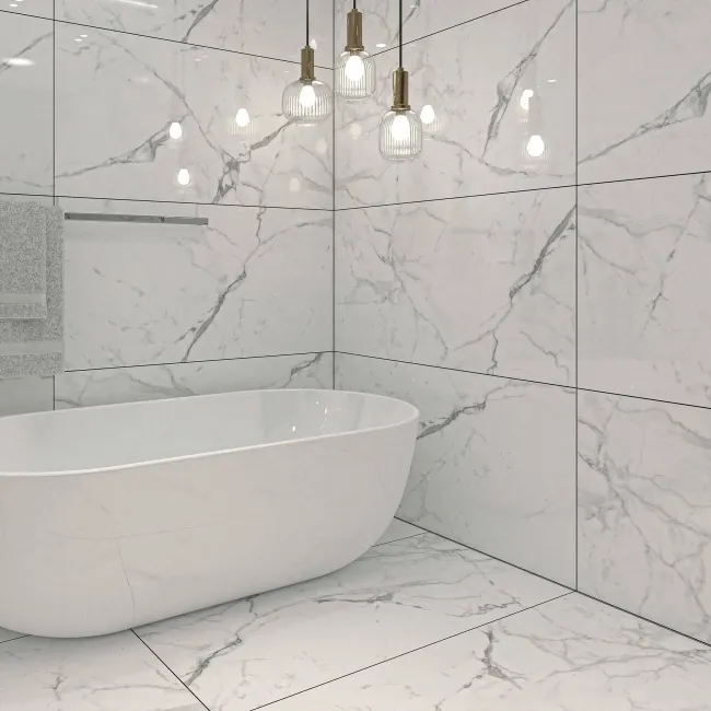 Carrera White Marble Effect Rectified Polished Porcelain Wall and Floor Tile