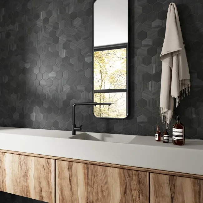 Lithos Dark Grey Hexagon Matt Marble Effect Porcelain Wall and Floor Tile