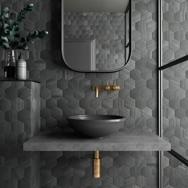 Lithos Dark Grey Hexagon Matt Marble Effect Porcelain Wall and Floor Tile