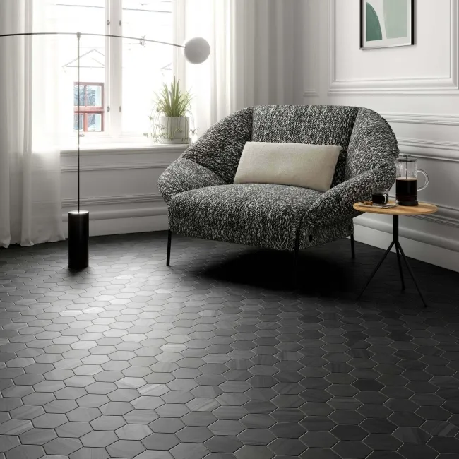 Lithos Dark Grey Hexagon Matt Marble Effect Porcelain Wall and Floor Tile