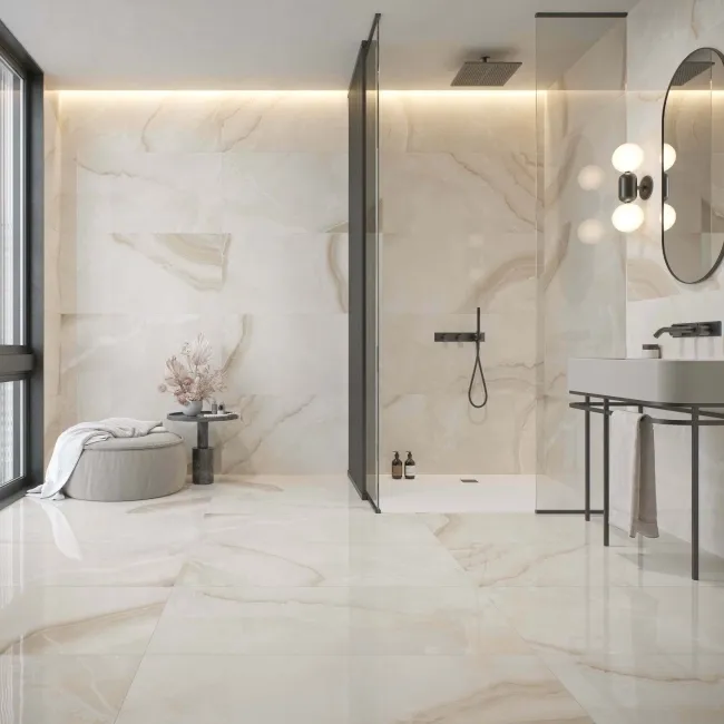Merope Onyx Marble Effect Beige Polished Floor Tile
