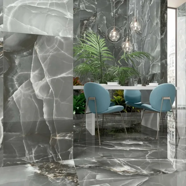 Onyx Marble Effect Dark Grey Polished Porcelain Wall and Floor Tile