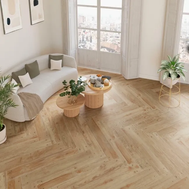 Reclaimed Natural Beige Oak Nailed Wood Effect Floor Tile