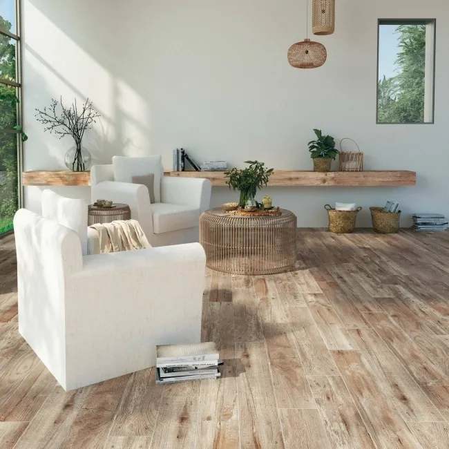 Reclaimed Natural Beige Oak Nailed Wood Effect Floor Tile
