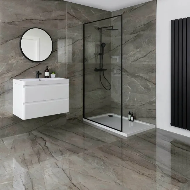 Breccia Adige Grey Polished Marble Effect Porcelain Wall and Floor Tile