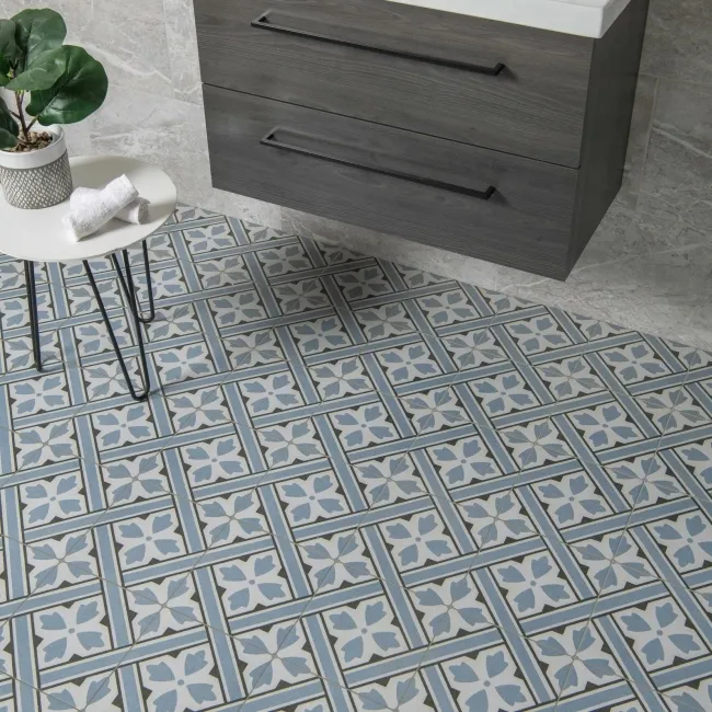 Mr Jones Azure Blue Pattern Matt Porcelain Wall and Floor Tile