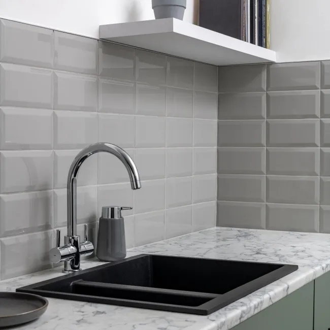 Subway Bevelled Grey Gloss Ceramic Wall Tiles