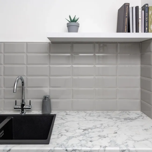 Subway Bevelled Grey Gloss Ceramic Wall Tiles