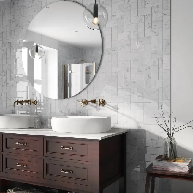 Carrara White Marble Effect Gloss Brick Wall Tile