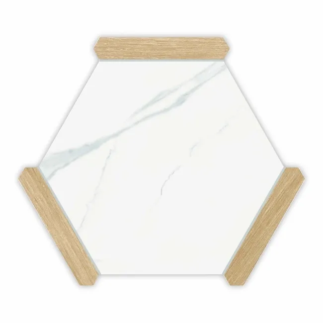 Fusion White Marble Effect & Oak Border Hexagon Tile