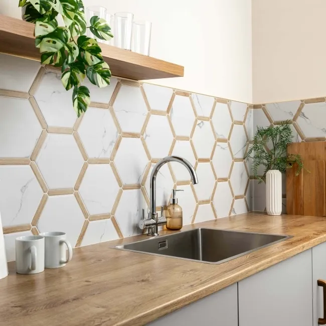 Fusion White Marble Effect & Oak Border Hexagon Tile