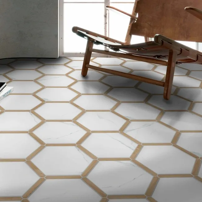 Fusion White Marble Effect & Oak Border Hexagon Tile