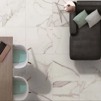 Carrara White Gloss Marble Effect Porcelain Floor Tile 600x600 Living Room Roomset