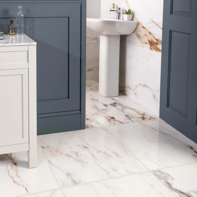Barnaby White Marble Effect Gloss Rectified Vitrified Ceramic Floor Tile