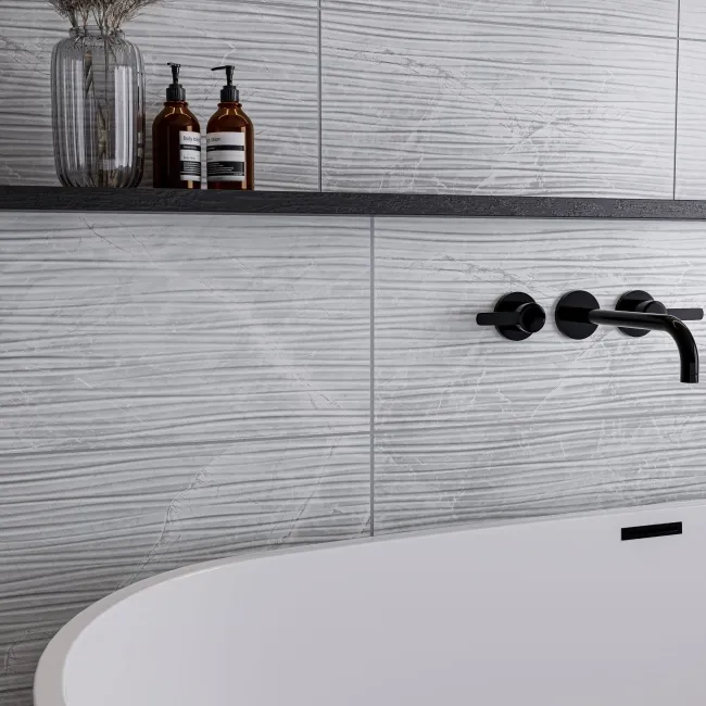Fior Di Bosco Light Grey Decor Marble Effect Gloss Ceramic Wall Tile