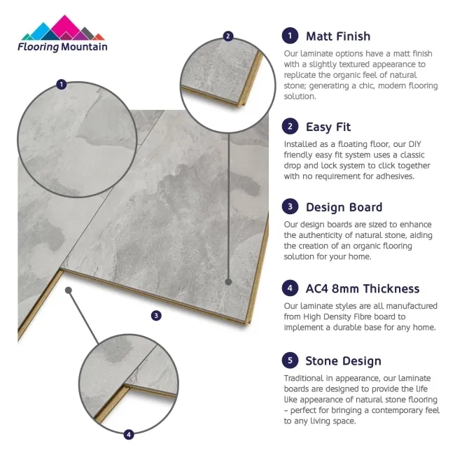 Majestic Grey Slate Tile Pure+ Laminate Flooring 8mm