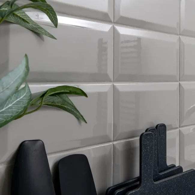 Subway Bevelled Grey Gloss Ceramic Wall Tiles