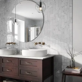 Carrara White Marble Effect Gloss Brick Wall Tile Bathroom Roomset