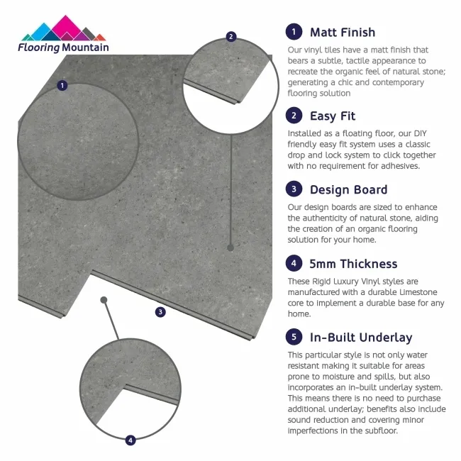 Runa Harbour Grey Tile Luxury Click Vinyl Flooring 5mm