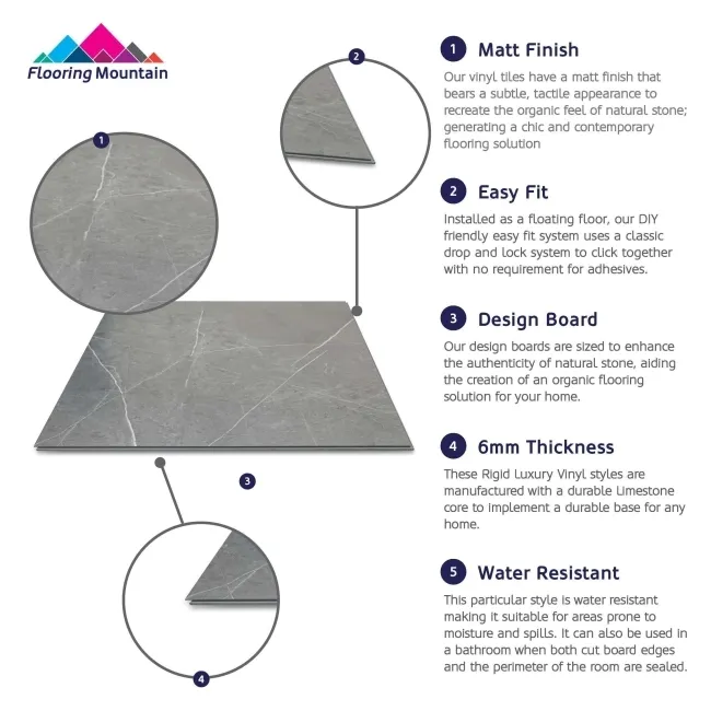 Marble Deluxe Grey Tile Luxury Click Vinyl Flooring 6mm
