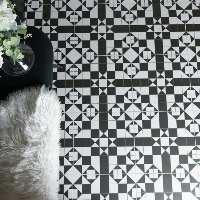 Devon Black & White Victorian Patterned Matt Ceramic Floor Tile