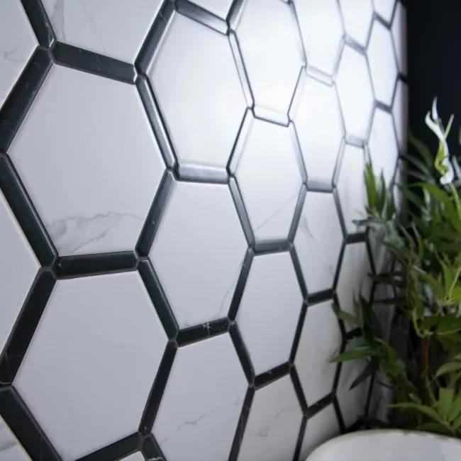 Fusion White Marble Effect & Black Border Hexagon Tile