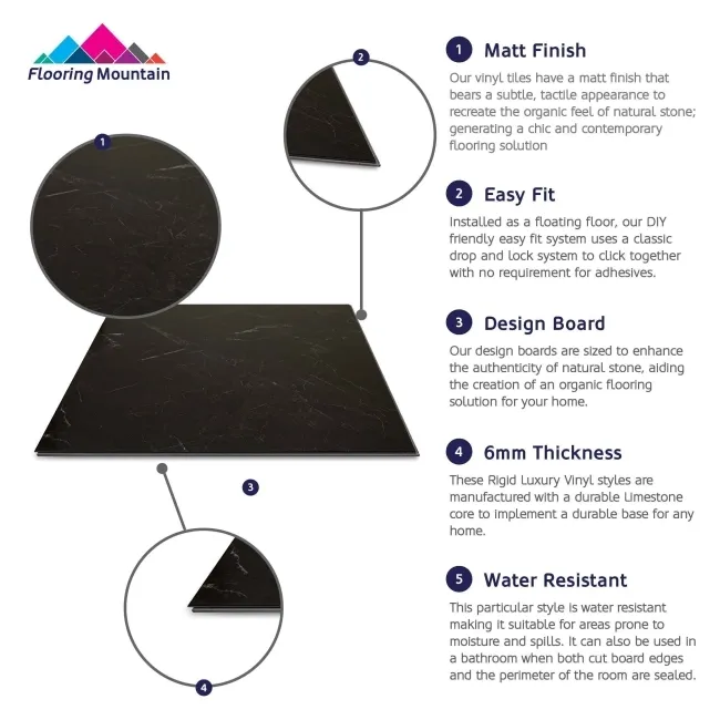 Marble Deluxe Black Tile Luxury Click Vinyl Flooring 6mm