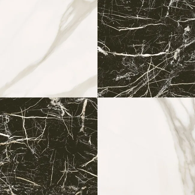 Marble Chess Effect Black & Golden White Matt Porcelain Tile