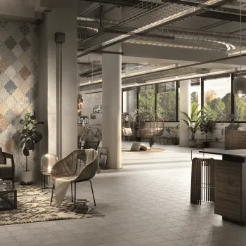 Riga Concrete Wall and Floor Tiles 450x450 Dining Room Roomset