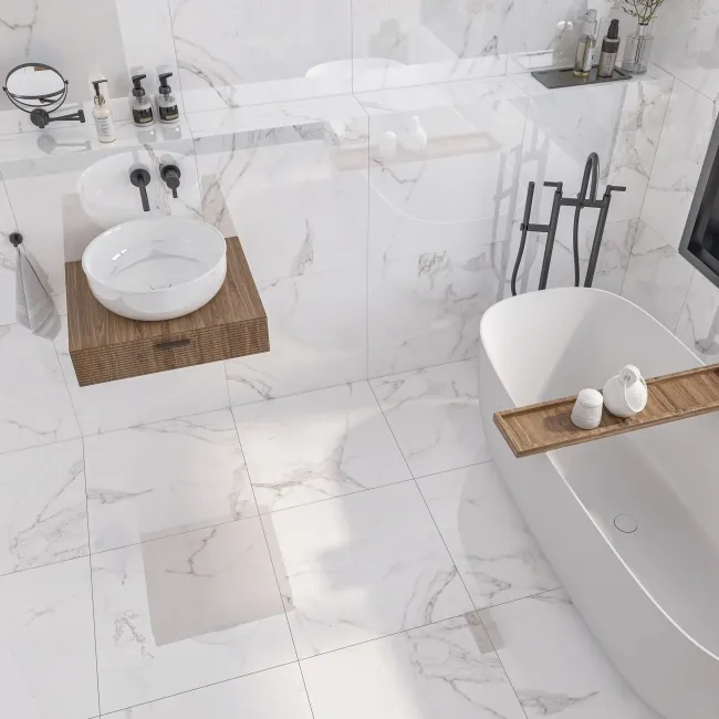 Carrara White Gloss Marble Effect Rectified Vitrified Ceramic Floor Tile