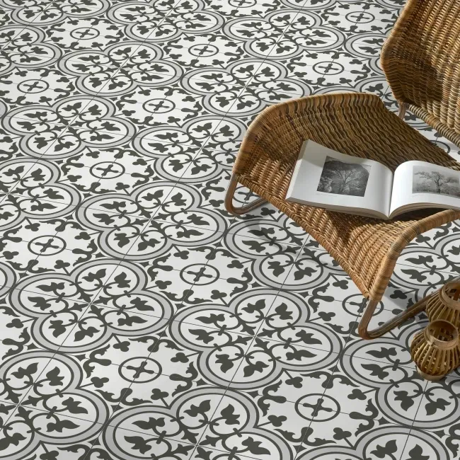 Avon Grey Victorian Patterned Matt Ceramic Floor Tile